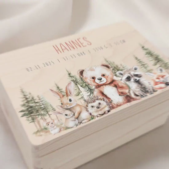 Erinnerungskiste Baby Holzkiste personalisierte Erinnerungsbox Waldtiere Mädchen Junge Geschenk Geburt Geburtsgeschenk 30x20x13 cm