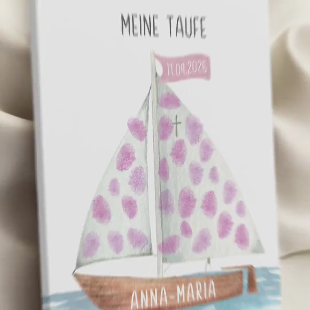 Taufgeschenk Gästebuch Taufe Gästebild personalisierte Leinwand für Fingerabdrücke Segelboot Geschenk Erinnerung 30x40 cm (OHNE Farbe)