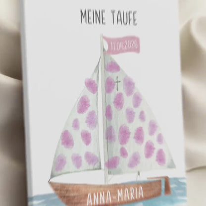 Taufgeschenk Gästebuch Taufe Gästebild personalisierte Leinwand für Fingerabdrücke Segelboot Geschenk Erinnerung 30x40 cm (OHNE Farbe)