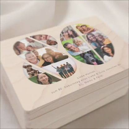 Holzkiste personalisiert 80. Geburtstag Geschenk Holzbox mit Fotocollage Geschenkbox mit Deckel Fotogeschenk Geburtstagsgeschenk 30x20x13 cm