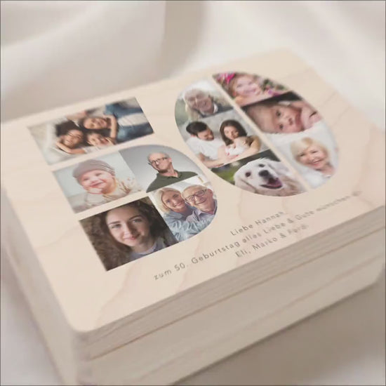 Holzkiste personalisiert 50. Geburtstag Geschenk Holzbox mit Fotocollage Geschenkbox mit Deckel Fotogeschenk Geburtstagsgeschenk 30x20x13 cm