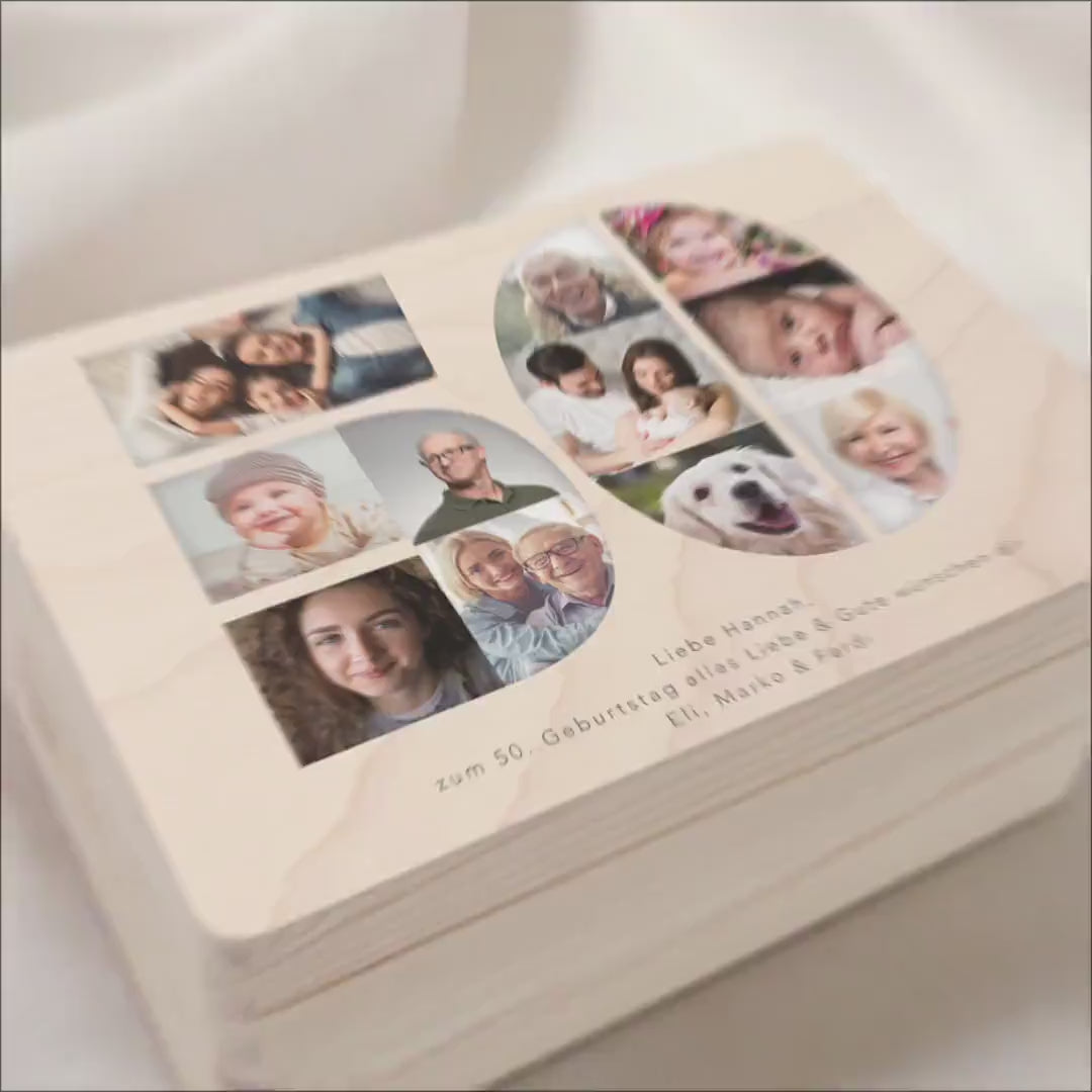 Holzkiste personalisiert 50. Geburtstag Geschenk Holzbox mit Fotocollage Geschenkbox mit Deckel Fotogeschenk Geburtstagsgeschenk 30x20x13 cm