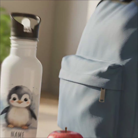 Trinkflasche Kinder personalisiert mit Namen Pinguin Edelstahl Flasche mit Strohhalm Wasserflasche für Schule Kindergarten 600 ml