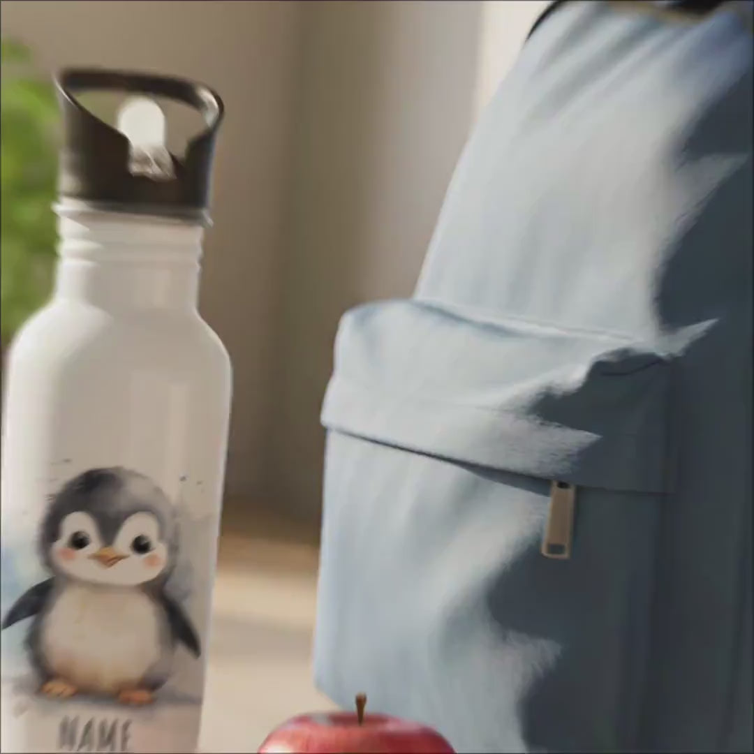 Trinkflasche Kinder personalisiert mit Namen Pinguin Edelstahl Flasche mit Strohhalm Wasserflasche für Schule Kindergarten 600 ml