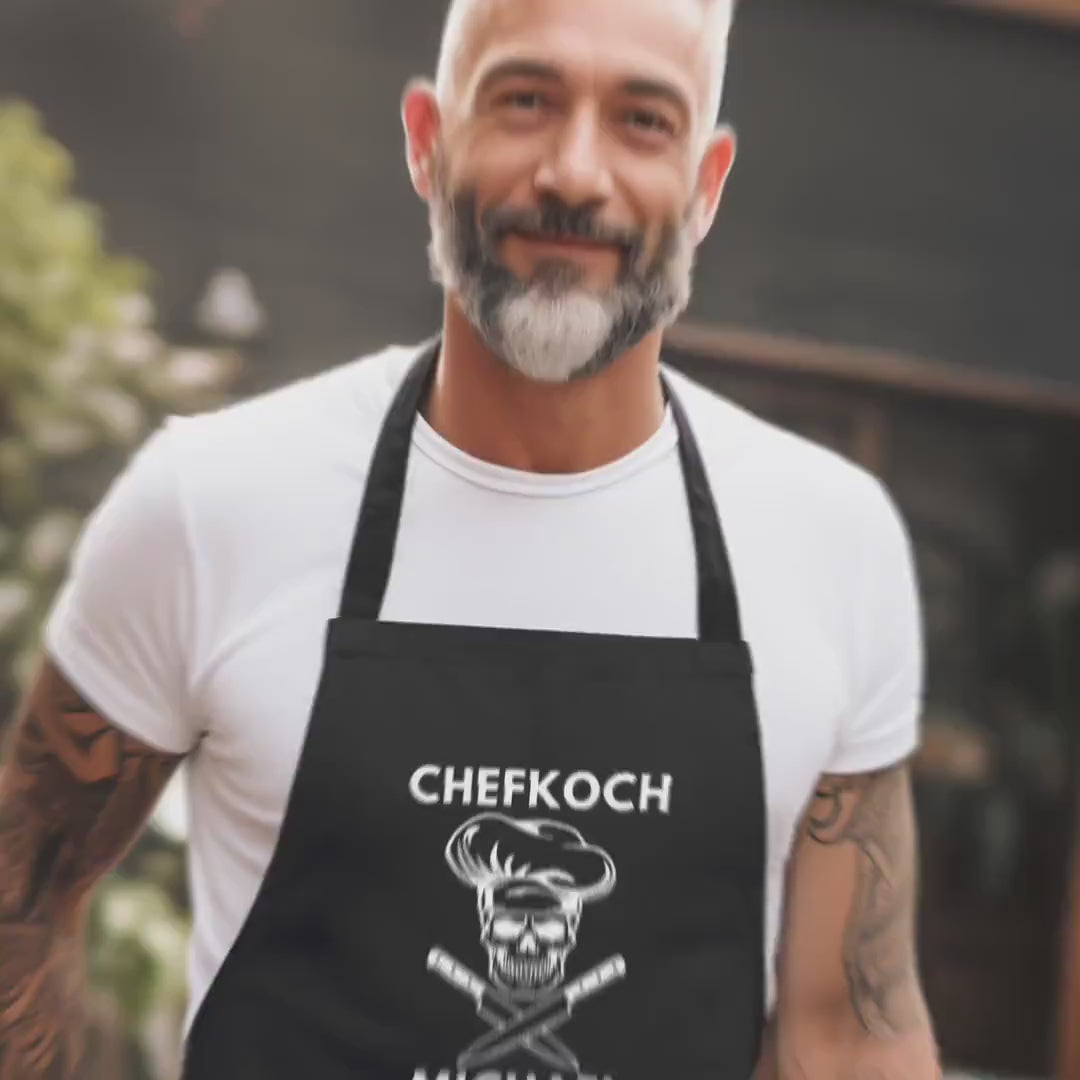 Chefkoch Kochschürze Mann Schürze personalisiert Küchenschürze Männer Geschenk Koch Grillschürze Schwarz