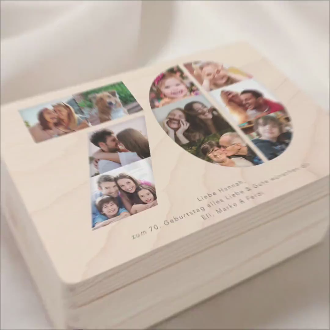 Holzkiste personalisiert 70. Geburtstag Geschenk Holzbox mit Fotocollage Geschenkbox mit Deckel Fotogeschenk Geburtstagsgeschenk 30x20x13 cm