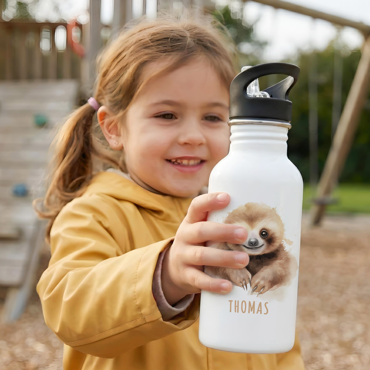 Trinkflasche Kinder personalisiert mit Namen Faultier Edelstahl Flasche mit Strohhalm Wasserflasche für Schule Kindergarten 600 ml – DEL MÀ