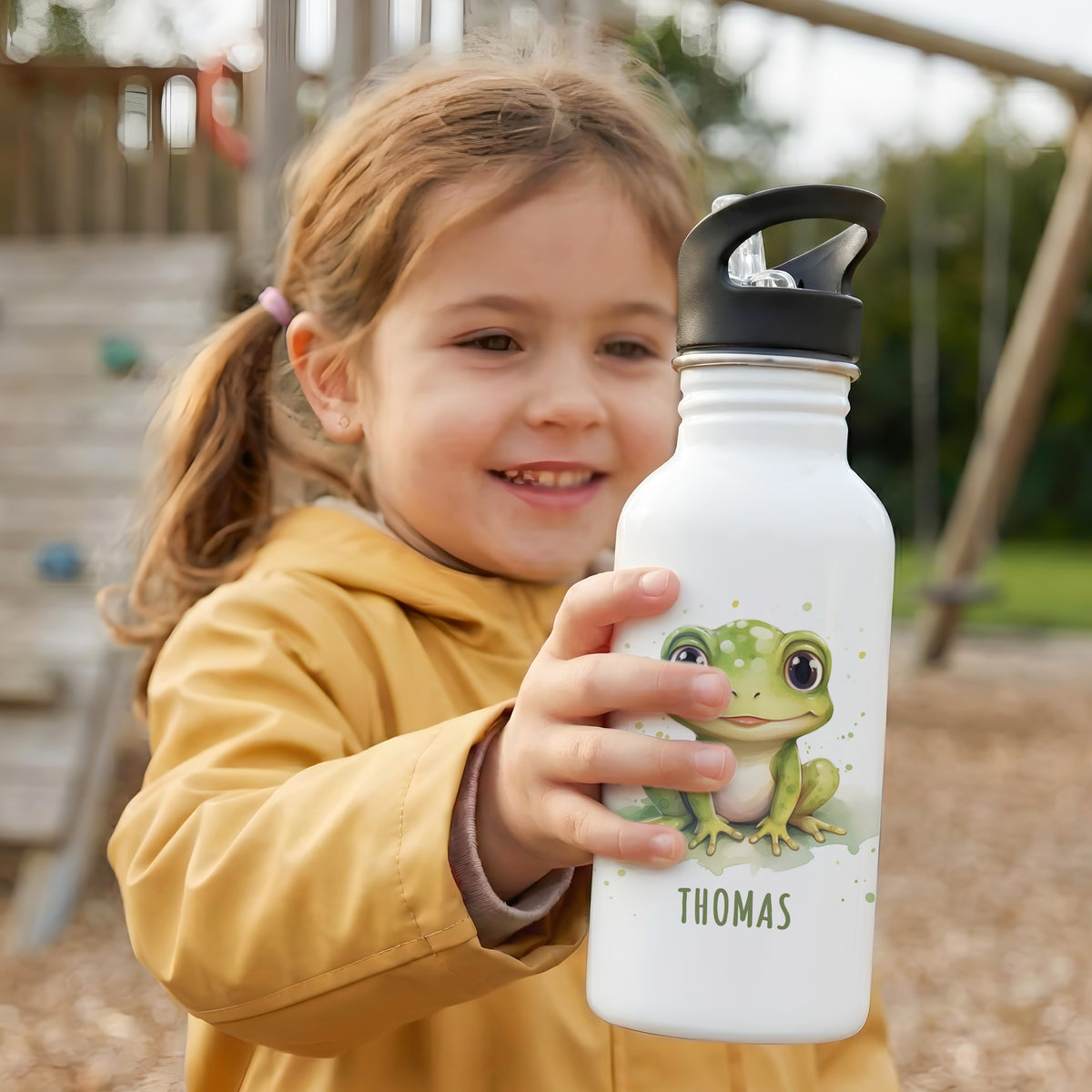 Trinkflasche Kinder personalisiert mit Namen Frosch Edelstahl Flasche mit Strohhalm Wasserflasche für Schule Kindergarten 600 ml – DEL MÀ