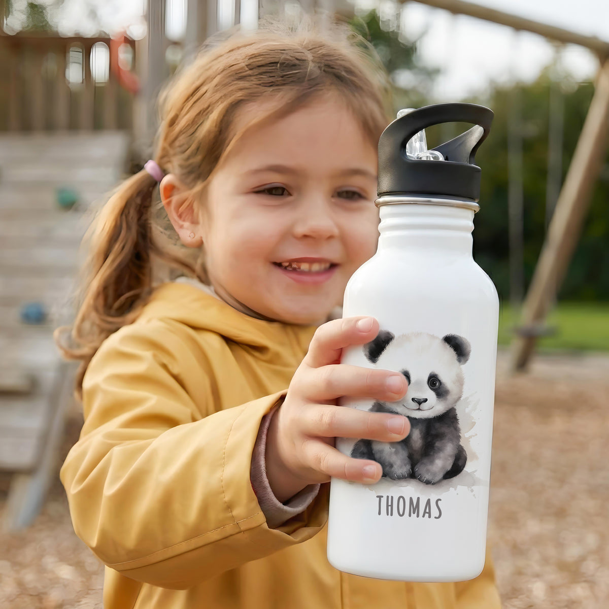 Trinkflasche Kinder personalisiert mit Namen Panda Edelstahl Flasche mit Strohhalm Wasserflasche für Schule Kindergarten 600 ml – DEL MÀ