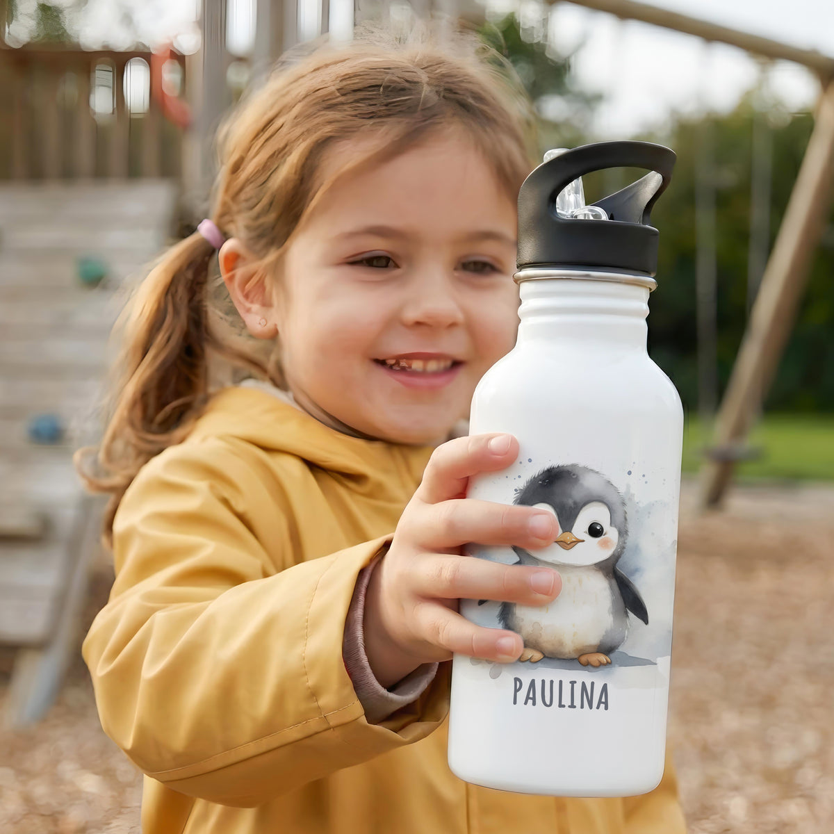 Trinkflasche Kinder personalisiert mit Namen Pinguin Edelstahl Flasche mit Strohhalm Wasserflasche für Schule Kindergarten 600 ml – DEL MÀ