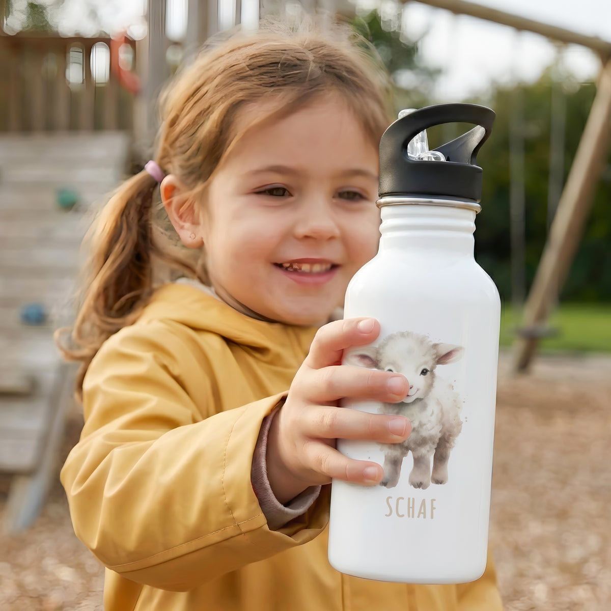 Trinkflasche Kinder personalisiert mit Namen Schaf Edelstahl Flasche mit Strohhalm Wasserflasche für Schule Kindergarten 600 ml – DEL MÀ