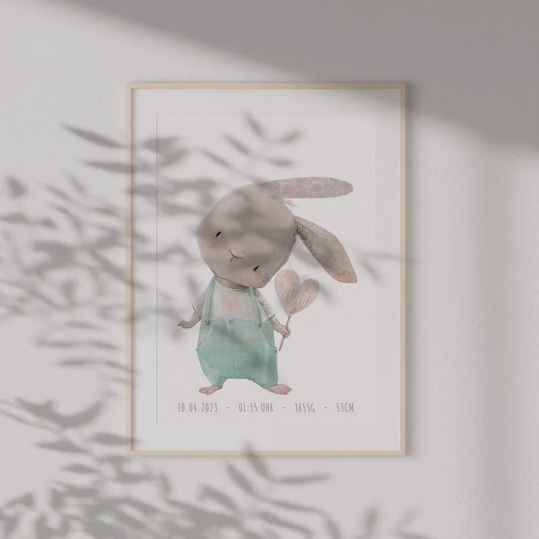Kinderzimmer Poster Personalisiertes Bild Mit Hasen Und Herz Für Jungen & Mädchen