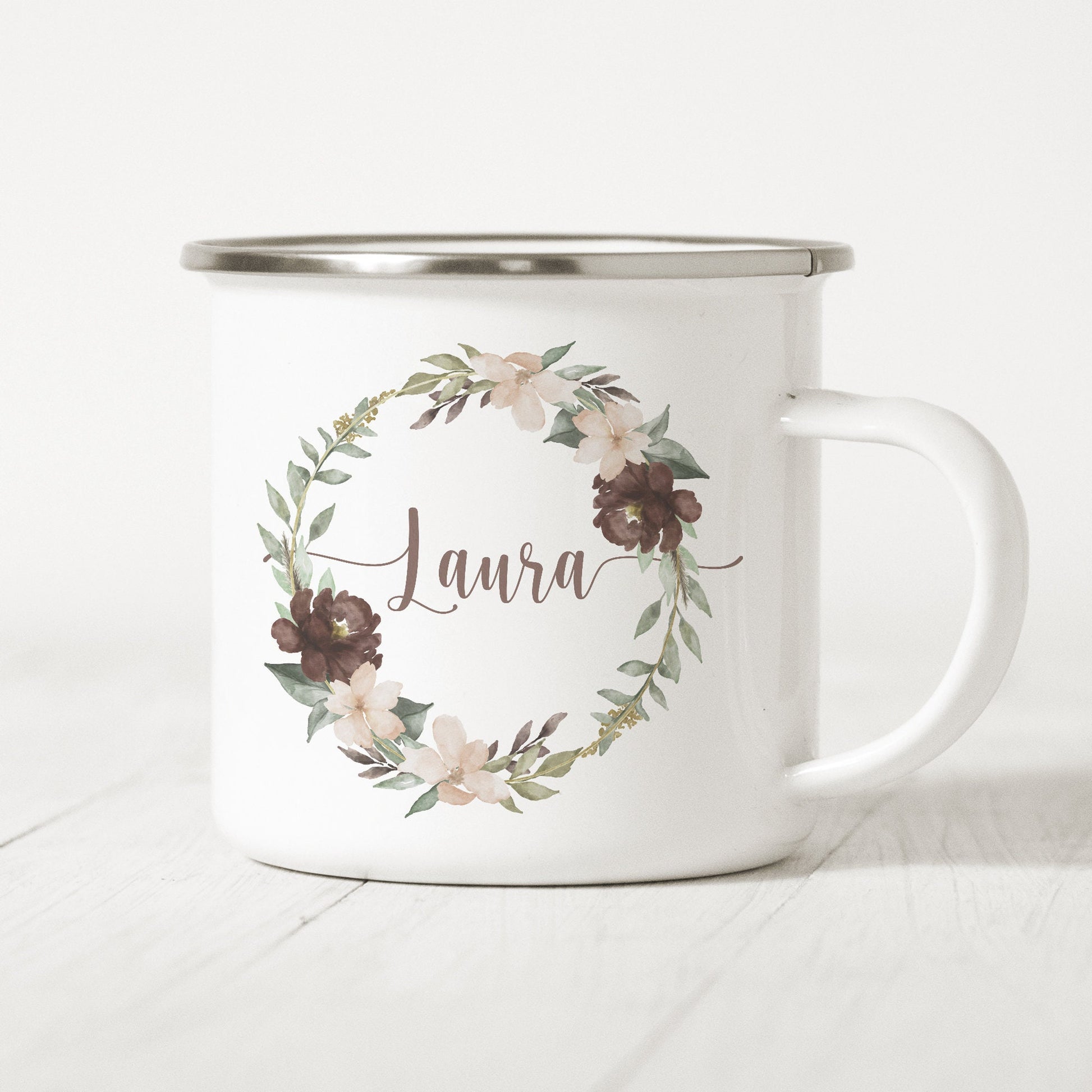 Emaille Tasse Personalisiert Name Blumenkranz Namensgeschenk Becher