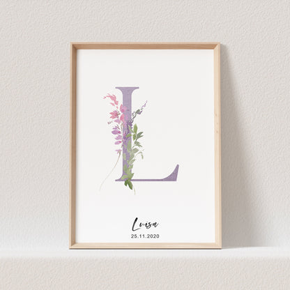 Geburtsposter Mädchen Buchstabe Blumen Kinderzimmer Poster Name Babyzimmer Namensgeschenk Bild Buchstabenposter