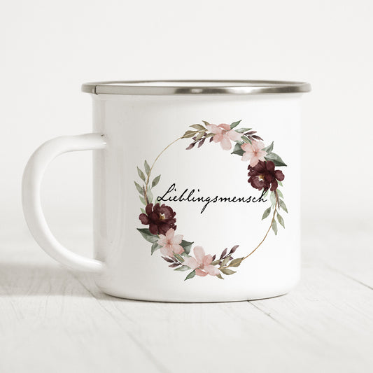 Emaille Tasse Aquarell Personalisiert Blumenring Namensgeschenk Personalisierbar