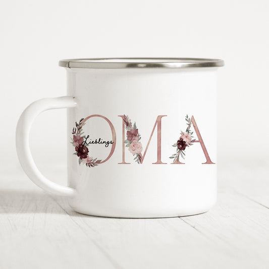 Lieblingsoma Tasse Emaille Blumen Floral Großmutter Oma Geschenk