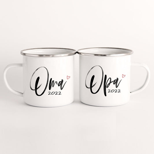 Tassenpaar Oma Opa 2022 Emaille Tasse Werdende Großeltern Schwangerschaft Verkünden Geschenk