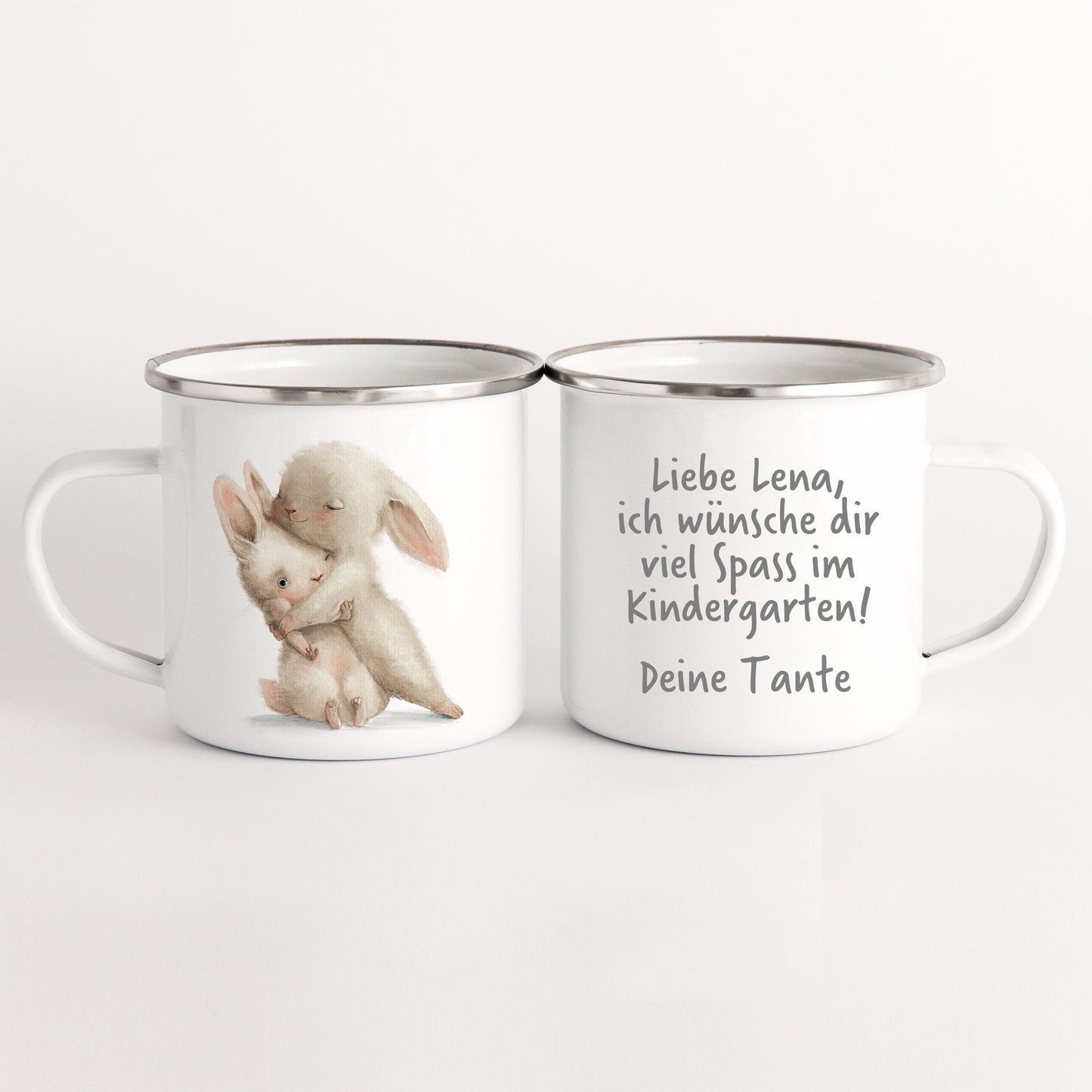 Emaille Tasse Kinder Hasen Häschen Personalisiert Widmung Text Becher Mädchen