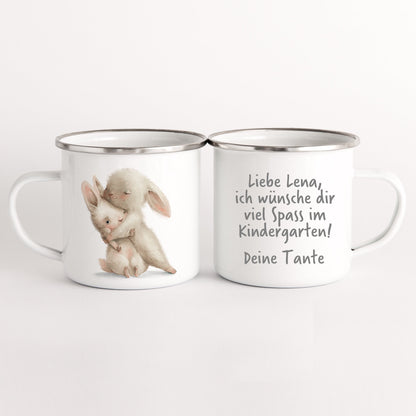 Emaille Tasse Kinder Hasen Häschen Personalisiert Widmung Text Becher Mädchen