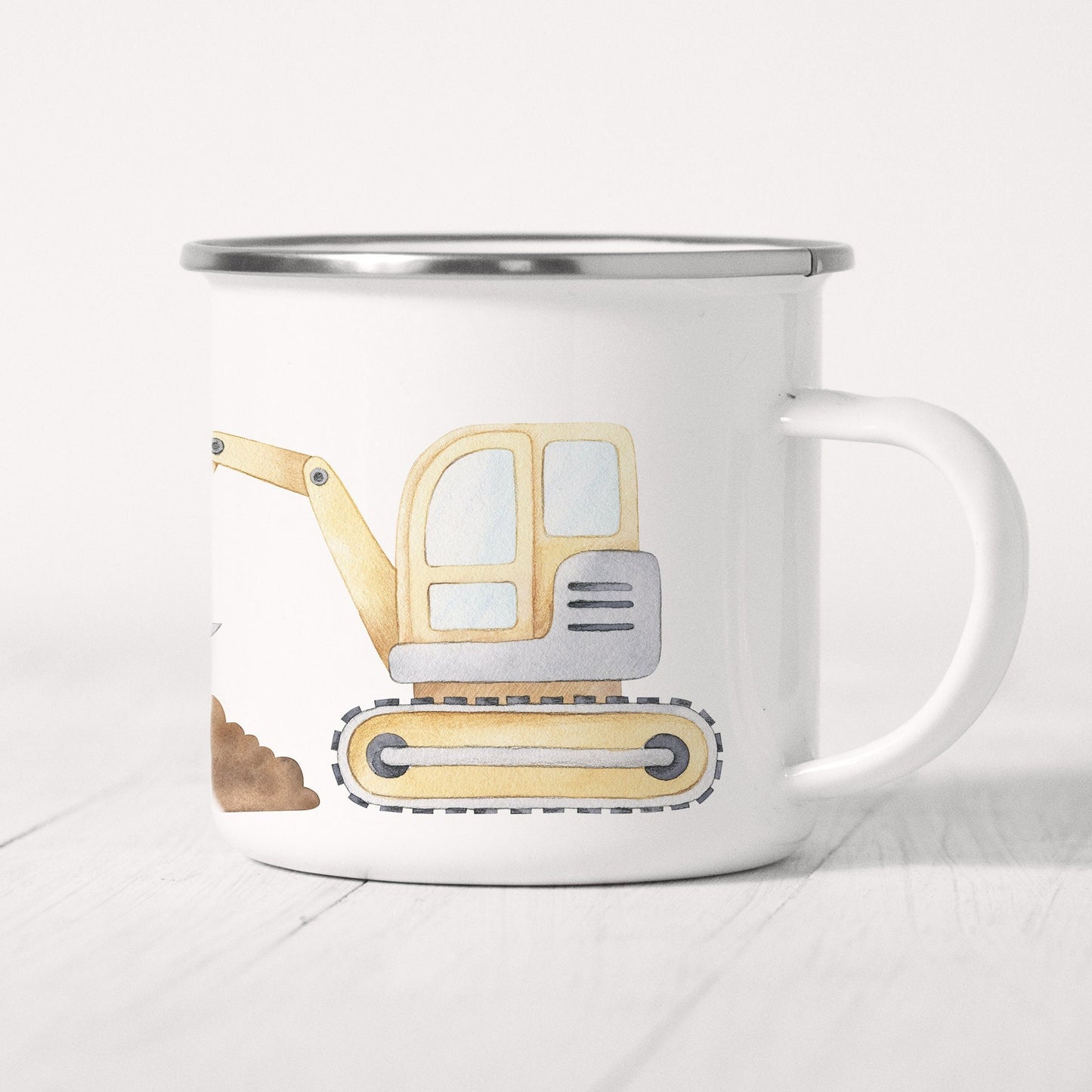 Emaille Tasse Kinder Personalisiert Bagger Baufahrzeug Baustelle Kinderbecher Namensgeschenk
