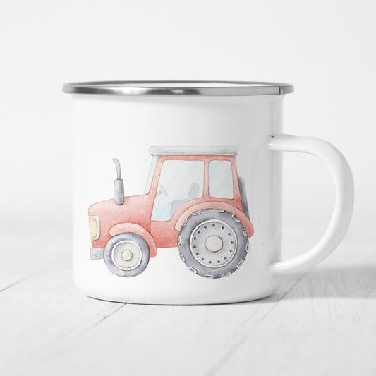 Emaille Tasse Kinder Personalisiert Traktor Trecker Schlepper Baufahrzeug Baustelle Kinderbecher Namensgeschenk