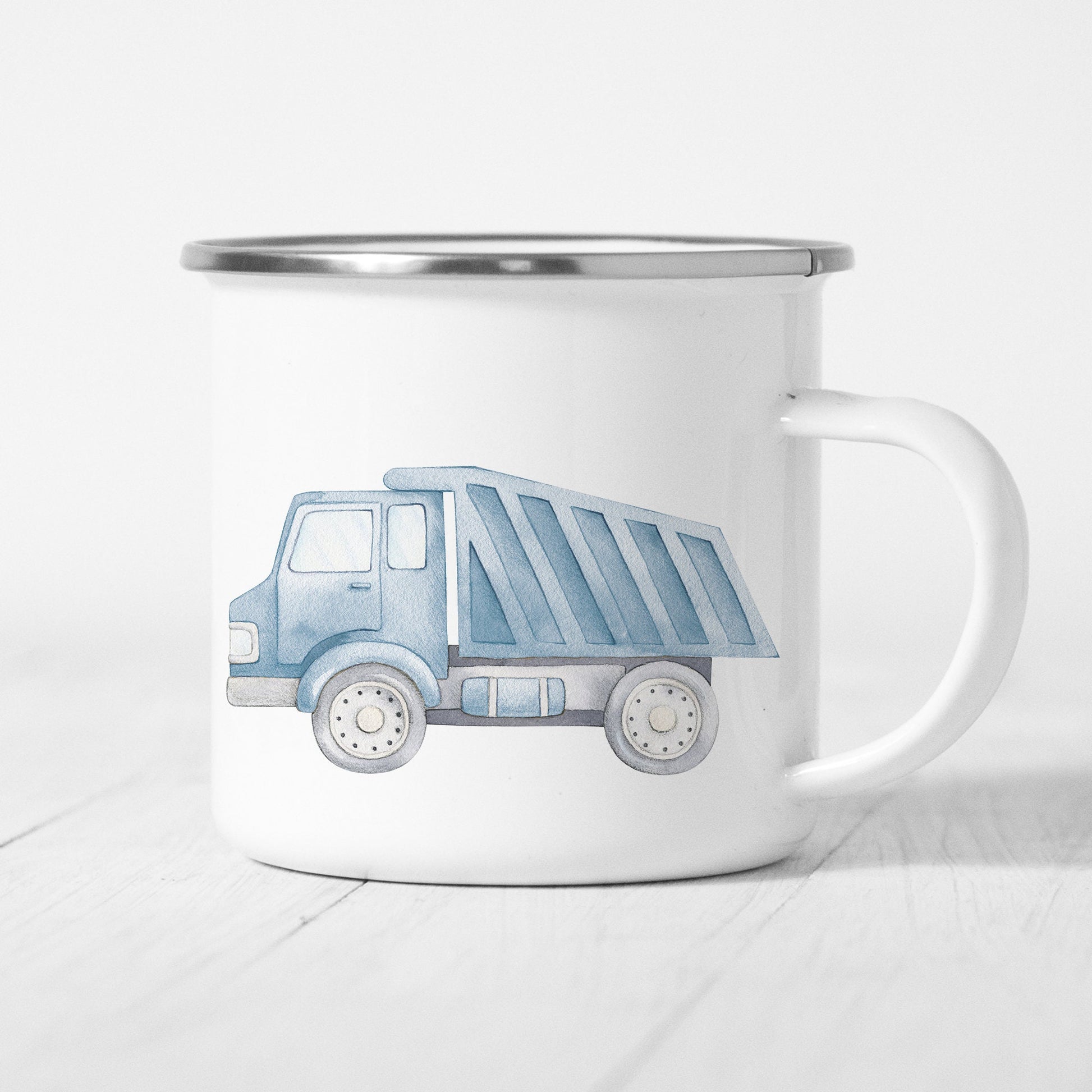 Emaille Tasse Kinder Personalisiert Muldenkipper Sattelkipper Kipplaster Baufahrzeug Baustelle Kinderbecher Namensgeschenk