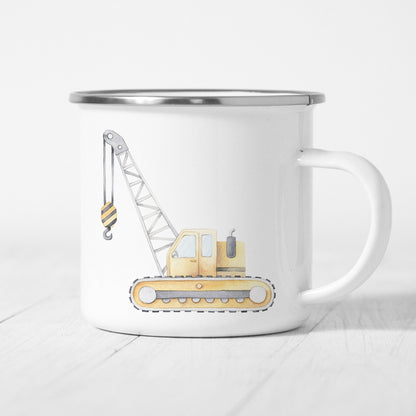 Emaille Tasse Kinder Personalisiert Kranwagen Fahrzeugkran Mobilkran Baufahrzeug Baustelle Kinderbecher Namensgeschenk