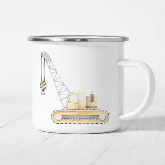 Emaille Tasse Kinder Personalisiert Kranwagen Fahrzeugkran Mobilkran Baufahrzeug Baustelle Kinderbecher Namensgeschenk