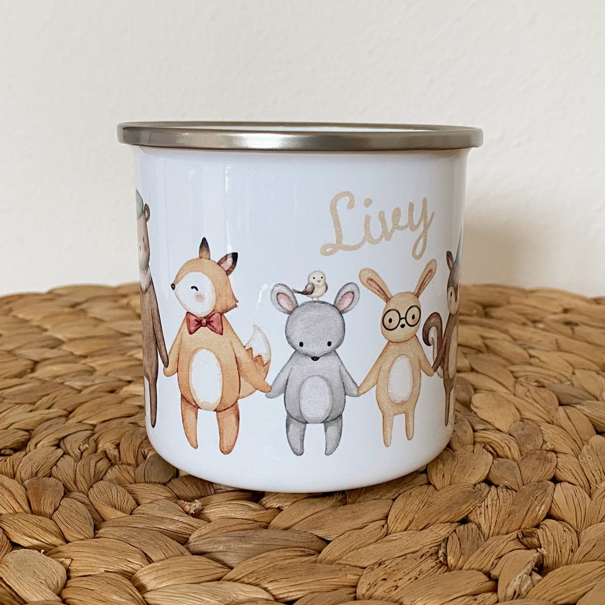Emaille Tasse Kinder Personalisiert Namenstasse Kindertasse Waldtiere Tiere Personalisiertes Geschenk Namensgeschenk