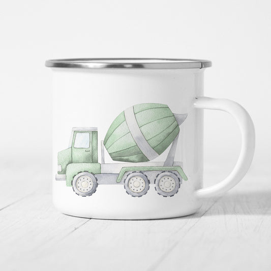 Emaille Tasse Kinder Personalisiert Betonmischer Fahrmischer Baufahrzeug Baustelle Kinderbecher Namensgeschenk
