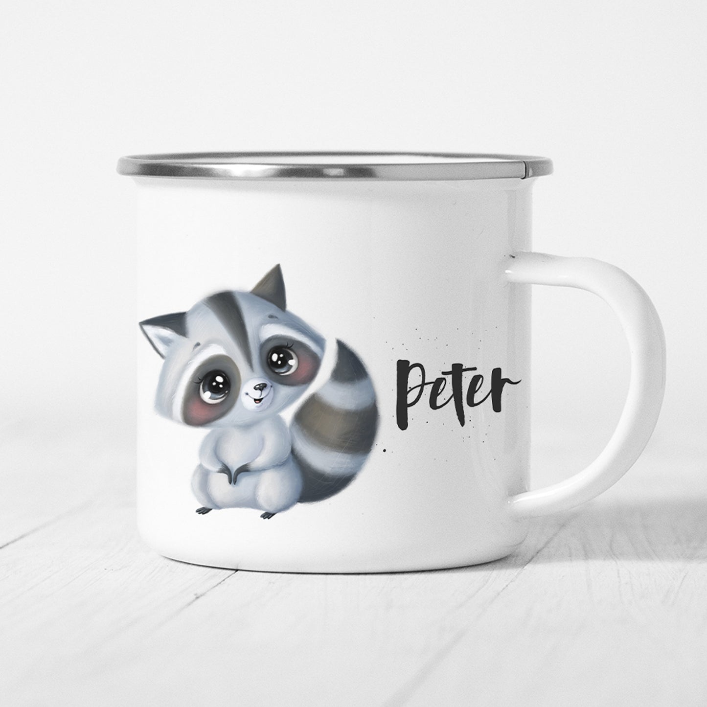 Waschbär Tasse Emaille Personalisiert Kinder Waschbärbaby Becher Name Namensgeschenk Geschenk