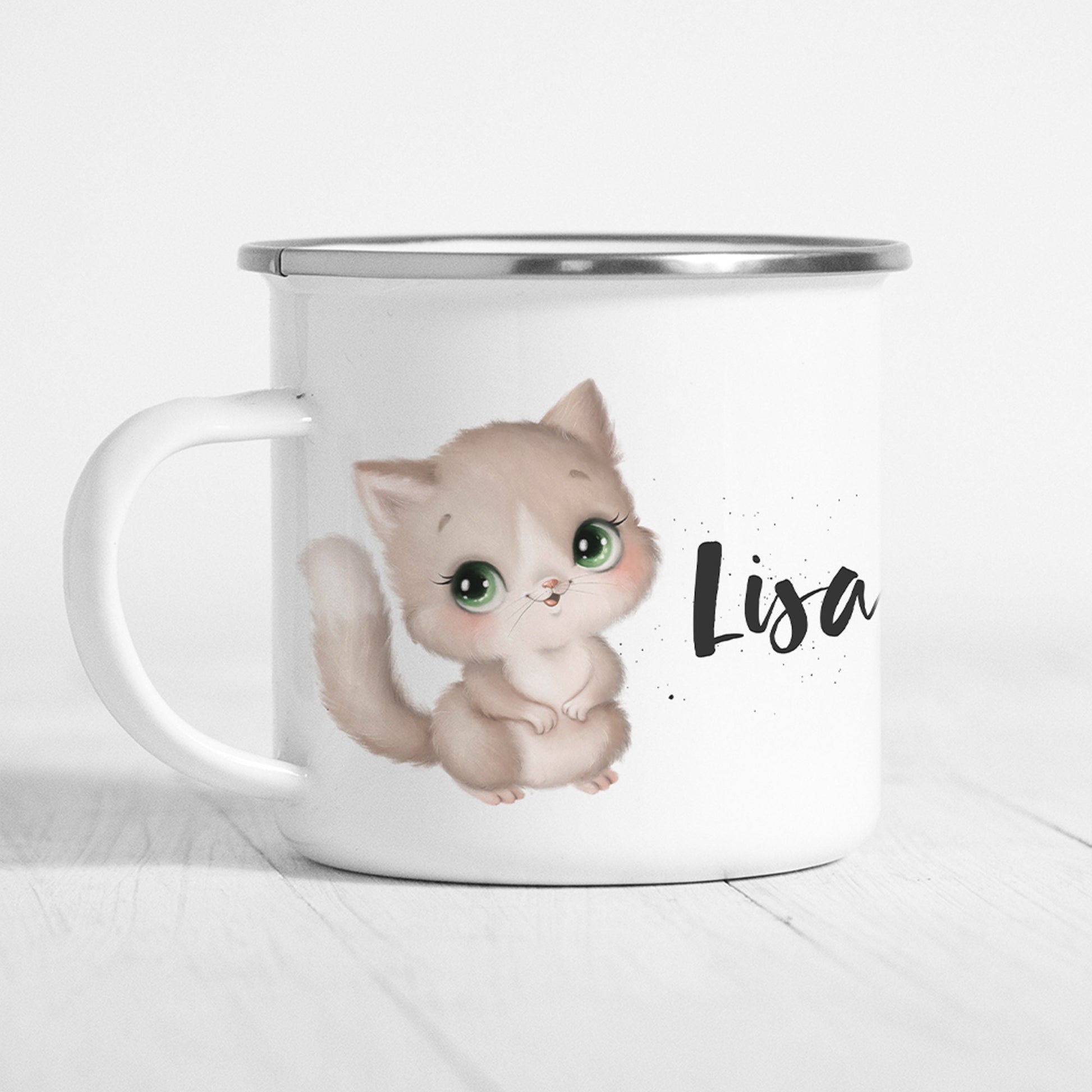 Katze Tasse Emaille Personalisiert Kätzchen Katzenbaby Kinder Becher Name Namensgeschenk Geschenk