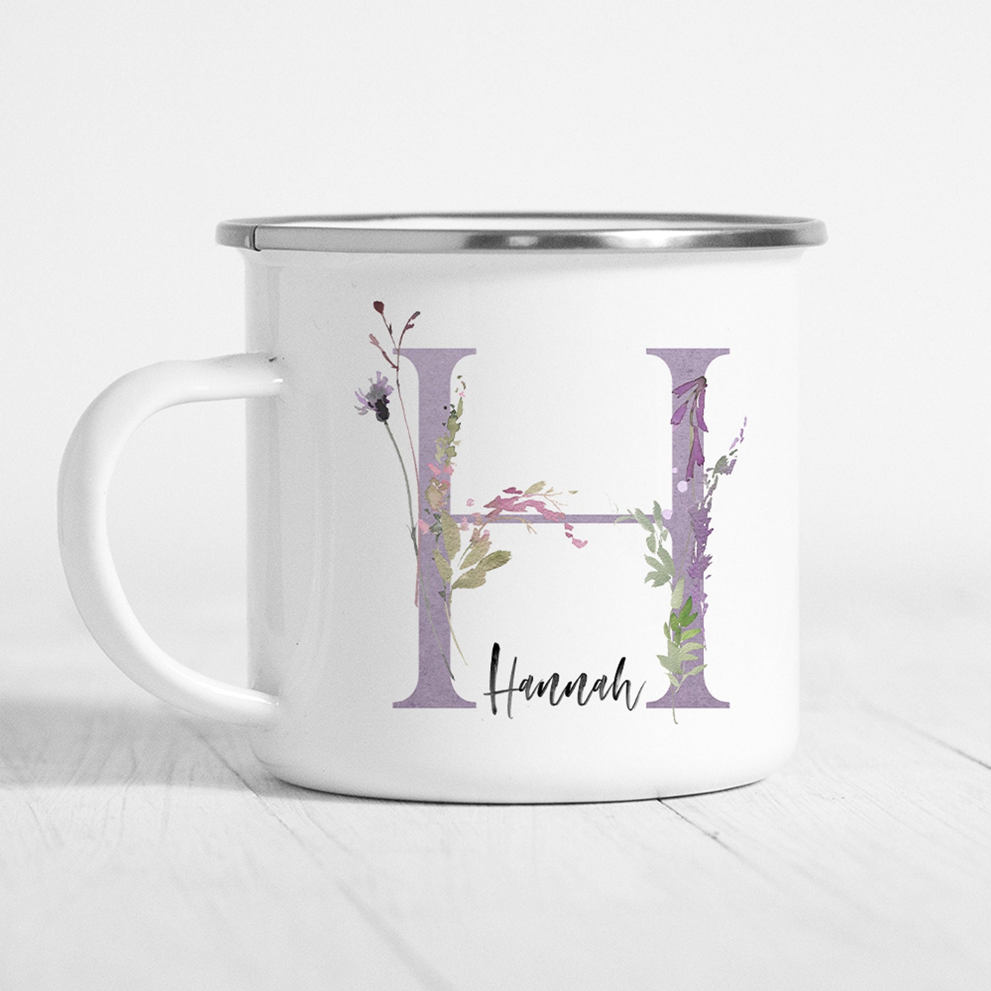 Emaille Tasse Personalisiert Flieder Lila Floral Buchstabe Name Blumen Becher Namensgeschenk Geschenk