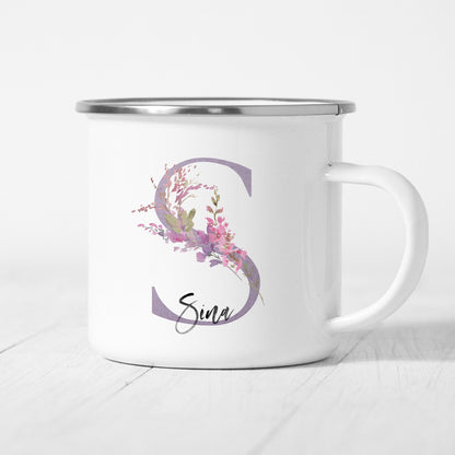 Emaille Tasse Personalisiert Flieder Lila Floral Buchstabe Name Blumen Becher Namensgeschenk Geschenk