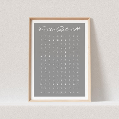 Suchsel Familienposter Personalisiert Familie Poster Buchstabenrätsel Kreuzworträtsel Bild Geschenk | Farbe nach Wunsch