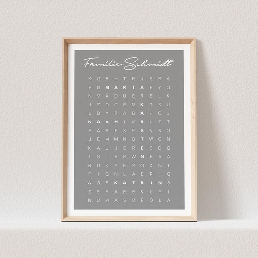 Suchsel Familienposter Personalisiert Familie Poster Buchstabenrätsel Kreuzworträtsel Bild Geschenk | Farbe nach Wunsch