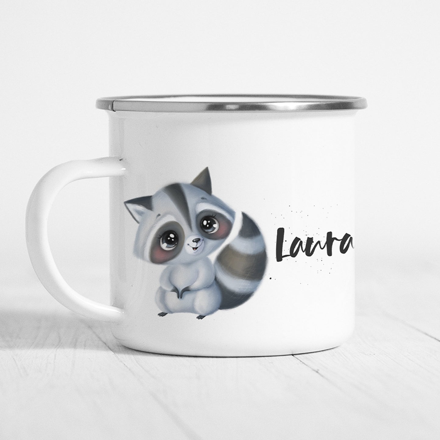 Waschbär Tasse Emaille Personalisiert Kinder Waschbärbaby Becher Name Namensgeschenk Geschenk