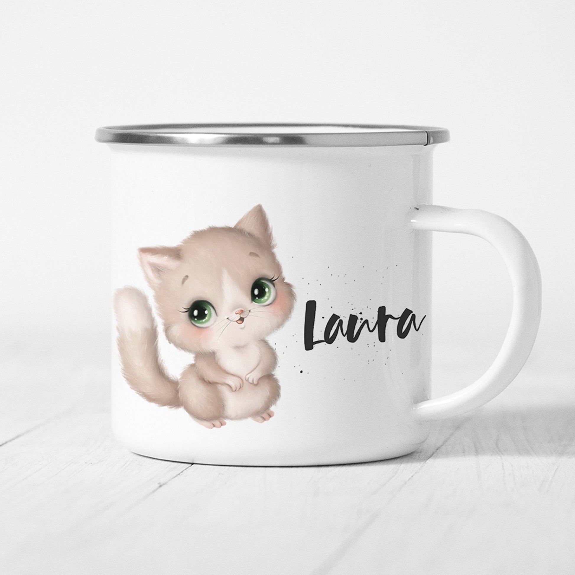 Katze Tasse Emaille Personalisiert Kätzchen Katzenbaby Kinder Becher Name Namensgeschenk Geschenk