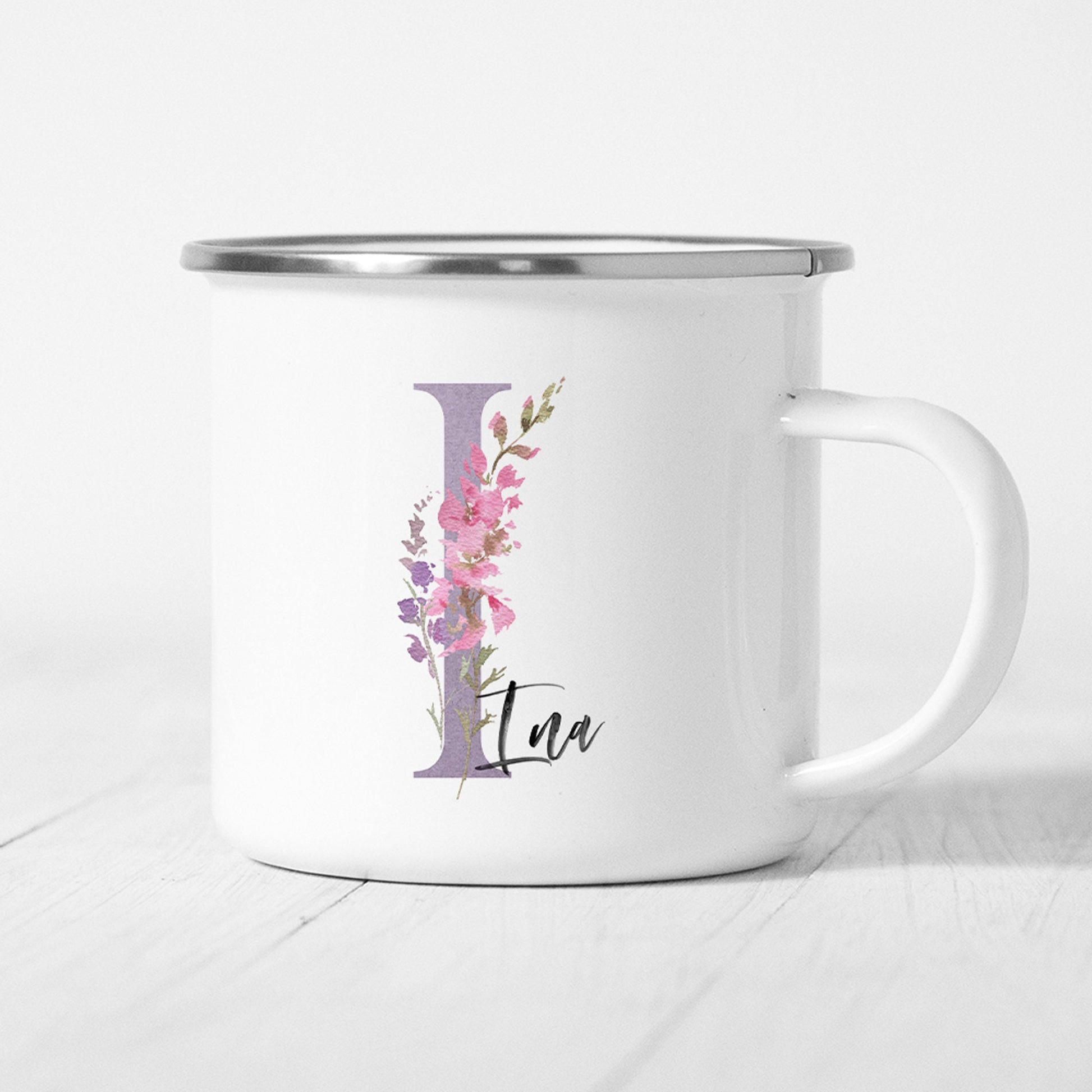 Emaille Tasse Personalisiert Flieder Lila Floral Buchstabe Name Blumen Becher Namensgeschenk Geschenk