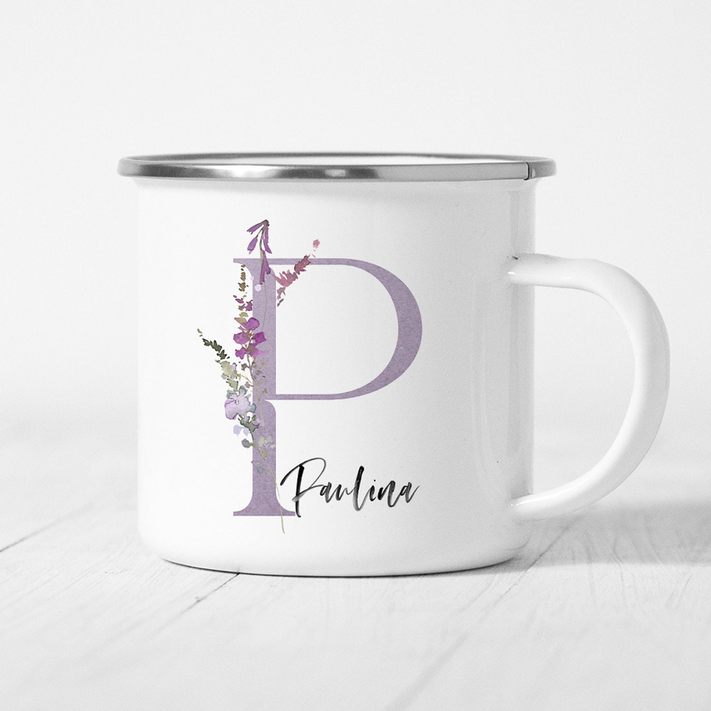 Emaille Tasse Personalisiert Flieder Lila Floral Buchstabe Name Blumen Becher Namensgeschenk Geschenk