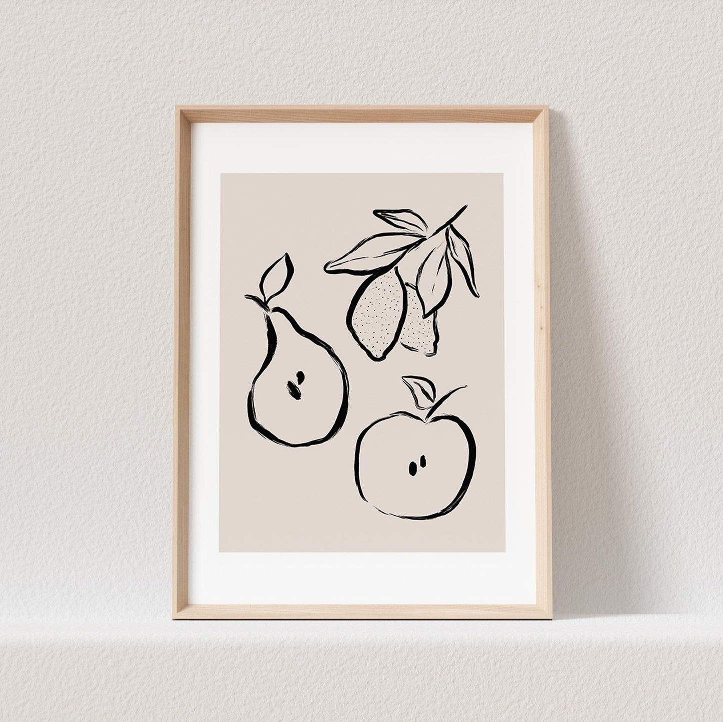 Boho Wanddekoration Obst Apfel Birne Zitronen Abstrakter Kunstdruck in Beige Print Bild Wandkunst Wanddeko