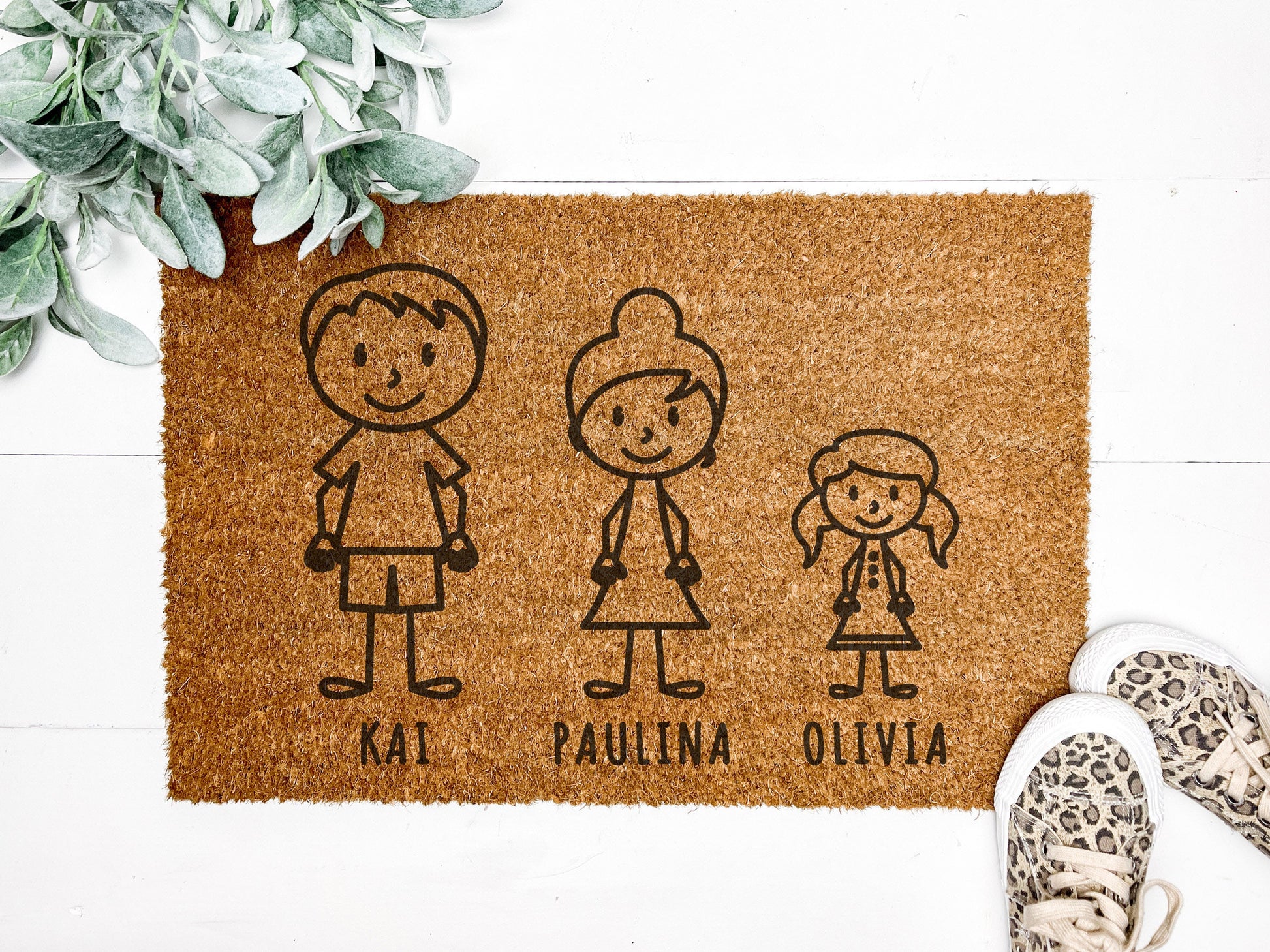 Fußmatte Familie Personalisiert Mit Namen Strichmännchen Kokosfußmatte Personalisierte Türmatte aus Kokos Gelasert Geschenk zum Einzug