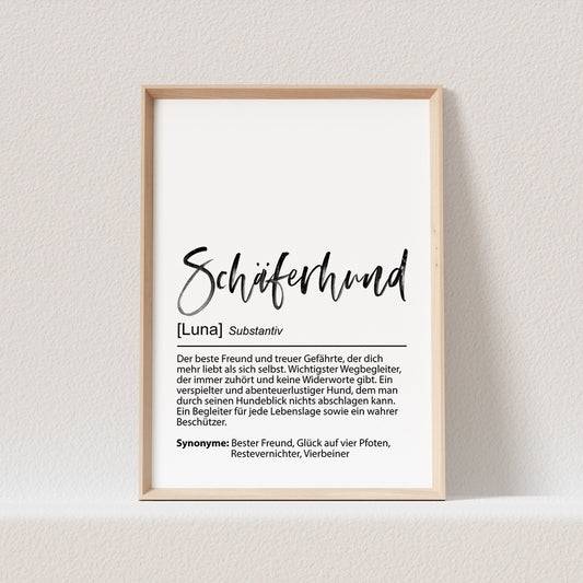 Schäferhund Geschenk Hundeposter Personalisiert Hundebild Definition Hunde Geschenk für Hundebesitzer (OHNE RAHMEN)