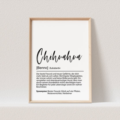 Chihuahua Geschenk Hundeposter Personalisiert Hundebild Definition Hunde Geschenk für Hundebesitzer (OHNE RAHMEN)