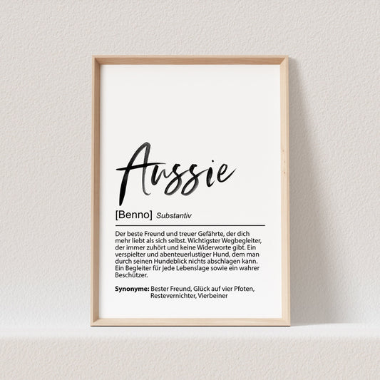 Australian Shepherd Geschenk Hundeposter Personalisiert Aussie Hundebild Definition Hunde Geschenk für Hundebesitzer (OHNE RAHMEN)