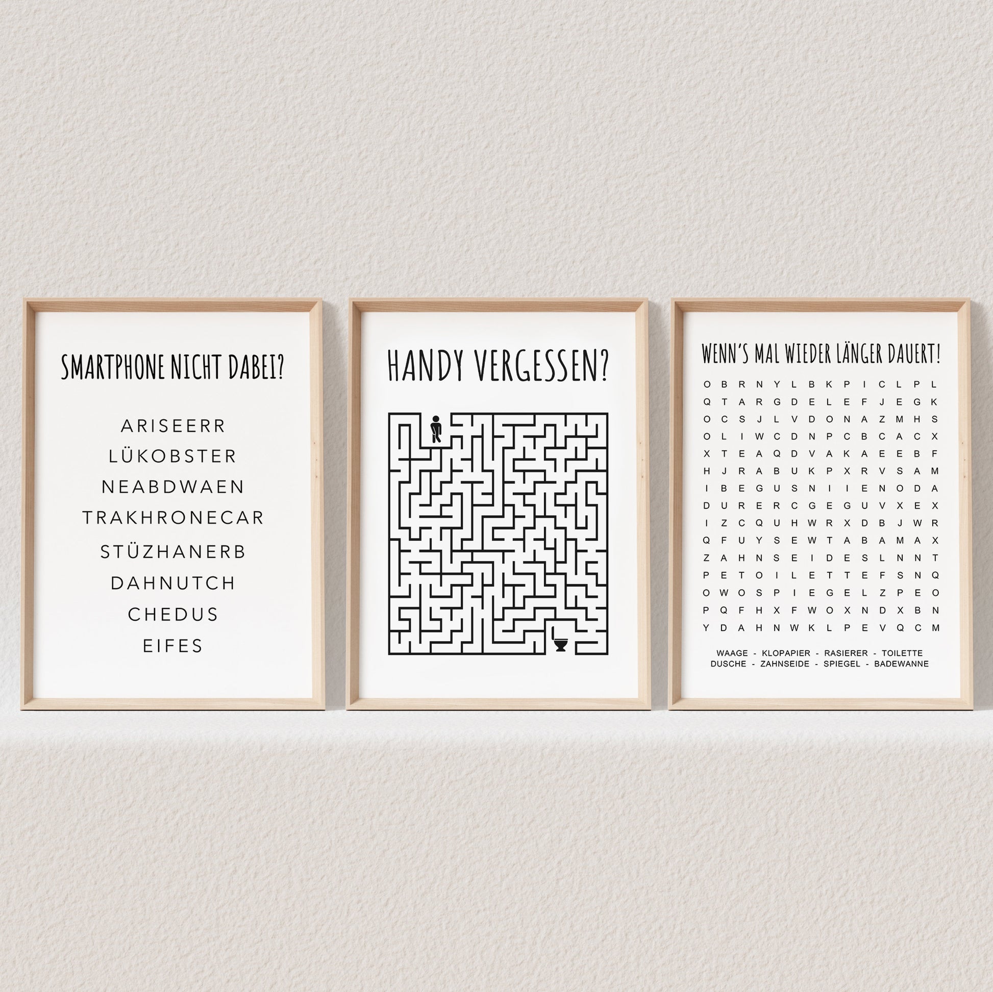 Badezimmer Deko Poster Set 3 Lustige Rätsel Gäste WC Bilder Toilette Gästebad Bad (OHNE RAHMEN)