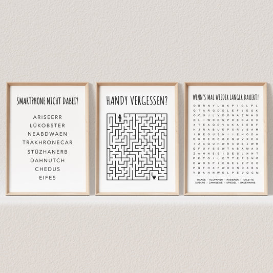 Badezimmer Deko Poster Set 3 Lustige Rätsel Gäste WC Bilder Toilette Gästebad Bad (OHNE RAHMEN)