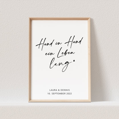 Hochzeitsgeschenk Hochzeitsposter "Hand In Hand Ein Leben Lang" Bild Hochzeit Personalisierbar Hochzeitstag (OHNE RAHMEN)