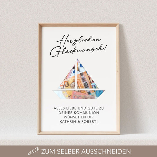 Geldgeschenk Kommunion Personalisiert Poster Segelboot Bild Geld Geschenk (OHNE RAHMEN)
