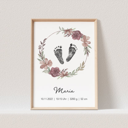 Geburtsposter Fußabdruck Mädchen Baby Poster Personalisiert Bild 1. Geburtstag Geschenk Zur Geburt (OHNE RAHMEN)